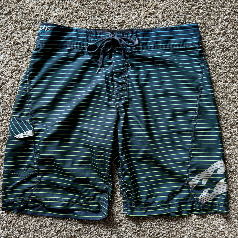 Billabong Men’s green stripe graphic swim surf board shorts size 38 w stretch